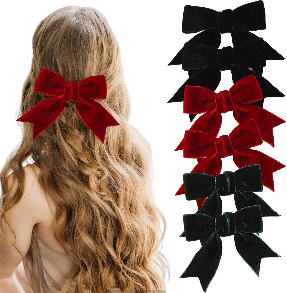 Haarspelden met Strik - Set van 6 - Zwart/Rood/Groen