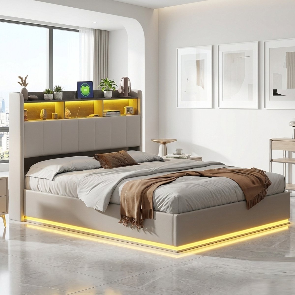 Opbergbed 140x200 cm met LED en USB – Casa Velluto Eleganza Luxe Gestoffeerd Tweepersoonsbed met Hydraulische Opbergruimte – Wit Fluweel – Inclusief Lattenbodem