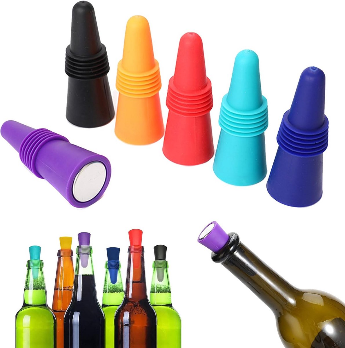 Set van 6 Herbruikbare Wijnstoppers van Silicone - Houd Wijn Vers