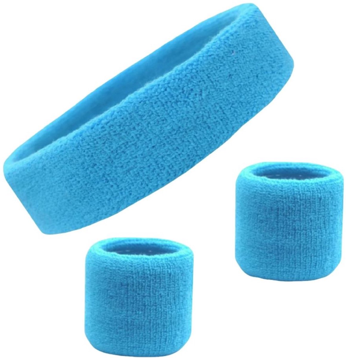Zweetbandjes set - 3-delig - Sweatbands - Sportbandjes - 1x Hoofdband 2x polsbandjes - Headband - Wristbands - Badstof - Lichtblauw - Jonyx