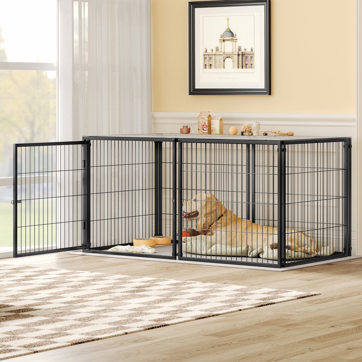PHOEBE CAT Hondenbench - Verstelbare deur - Roestvrij stalen frame - PVC-mat - 160 x 80 x 80 cm - Zwart