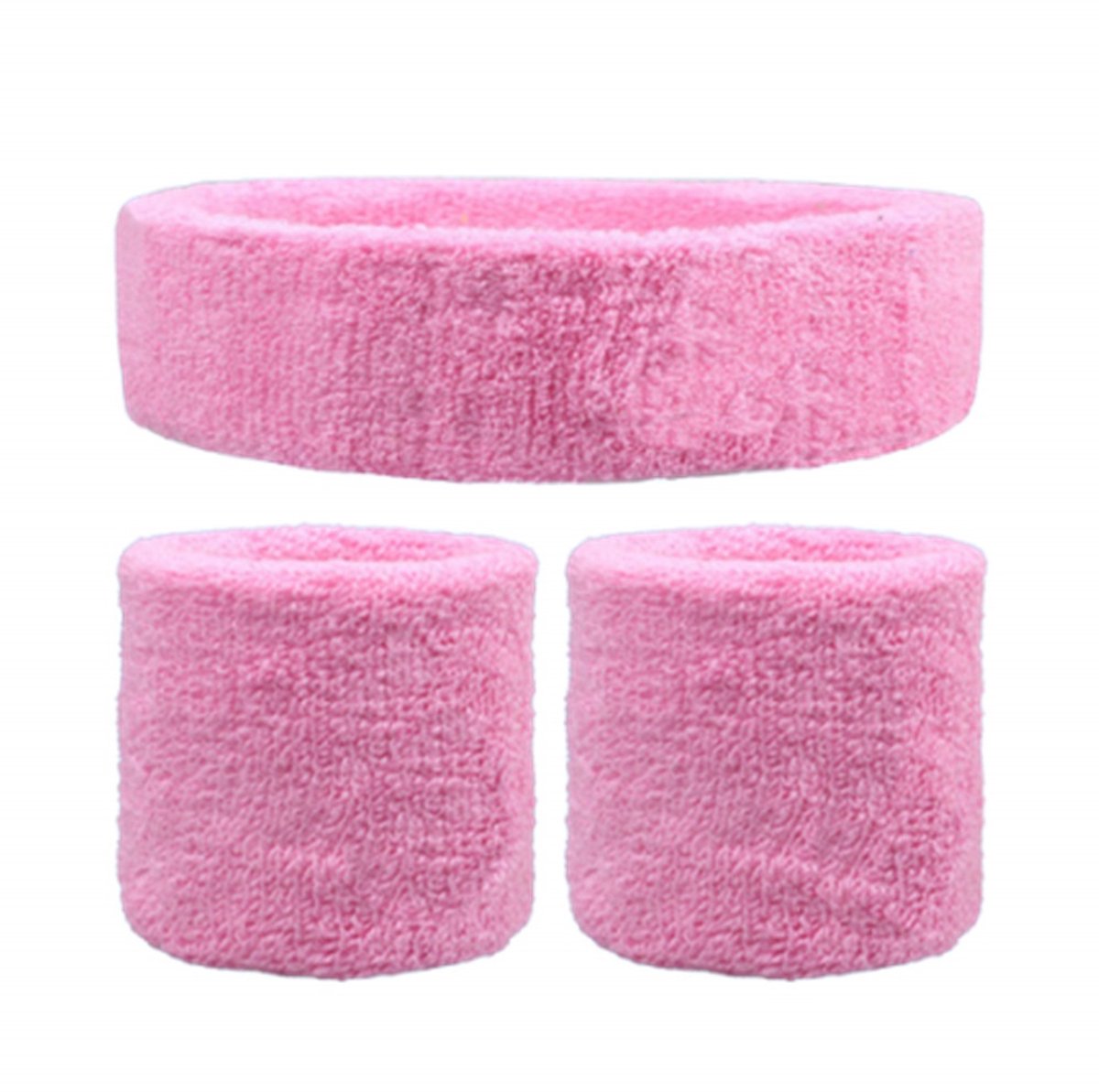 Zweetbandjes set - 3-delig - Sweatbands - Sportbandjes - 1x Hoofdband 2x polsbandjes - Headband - Wristbands - Badstof - Lichtroze - Jonyx