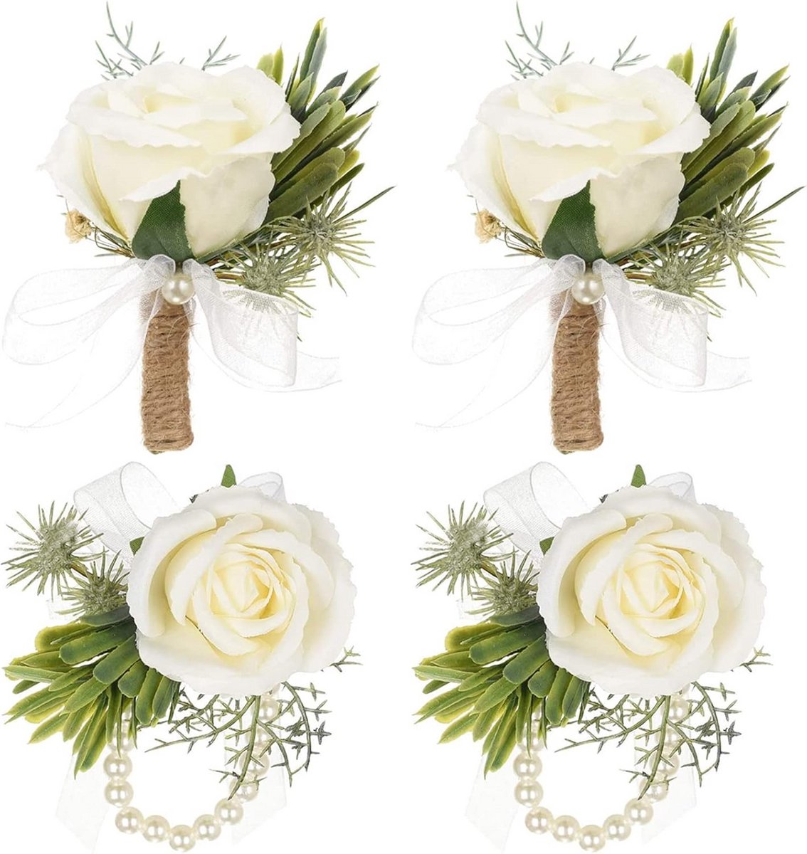 Bruiloft Corsage en Polsbloem Set Witte Rozen met Parelarmband