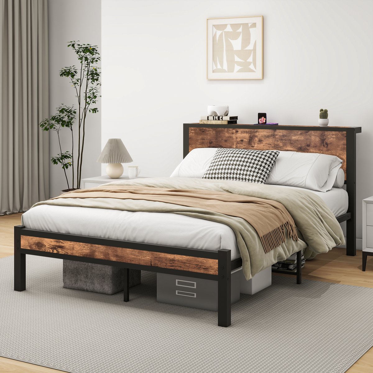 Wishdor Industrieel Bedframe - Inclusief Metalen Lattenbodem - Opbergruimte onder Bed - Rustiek Bruin en Zwart - 140x200 cm