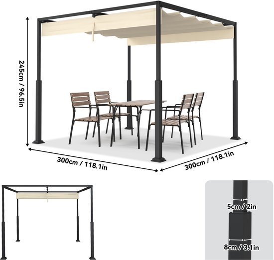 Pergola Met Uitklapbaar Dak 3x3m Stabiele Tuinpergola Met Staalframe En Schuifdak 245cm Hoog UV-Beschermend Partyzelt Voor Balkon Terras Strand Beige NAIZY