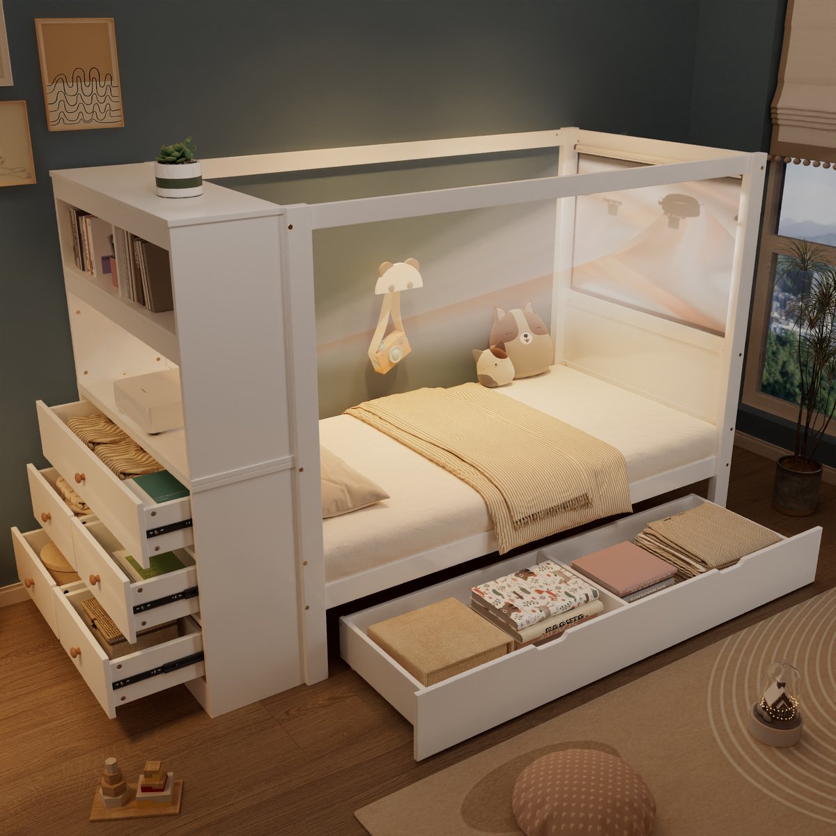 Wishdor Kinderbed 90x200 cm – Hemelbed met Opbergkast en 5 Lades – Valbeveiliging – Massief Hout en MDF – Wit