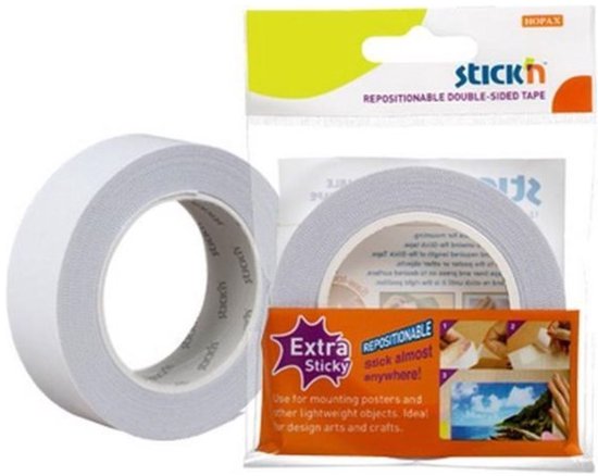 Verpakking en rol dubbelzijdig tape van Stick'n, met tekst 'repositionable double-sided tape'.