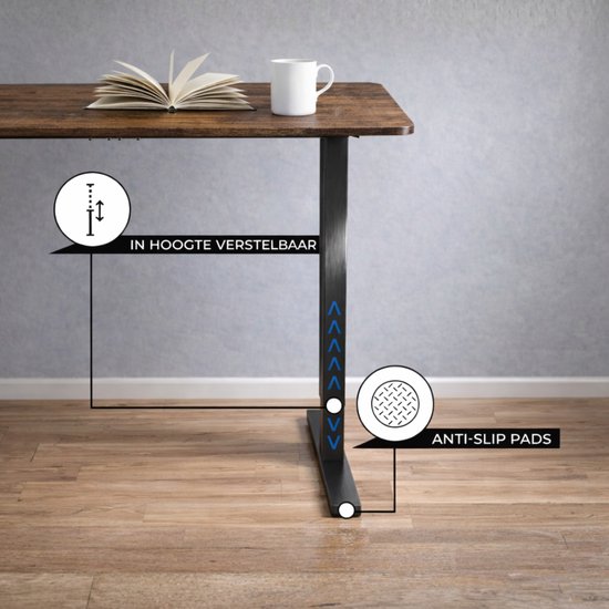 Bruin bureau in hoogte verstelbaar met zwarte poten en anti-slip pads.