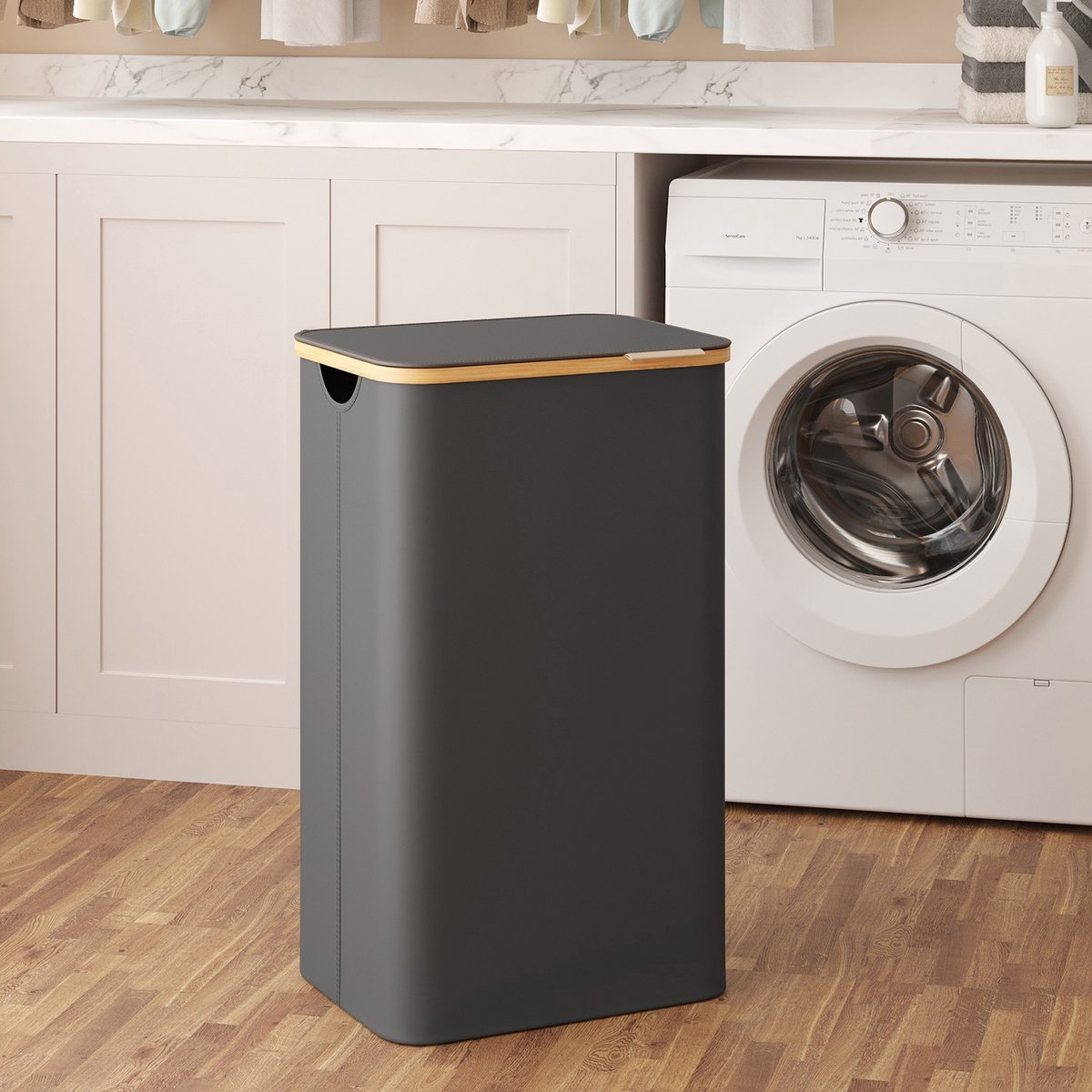 Wasmand – Stof – Inktzwart – Grote inhoud met deksel en uitneembare mesh voering