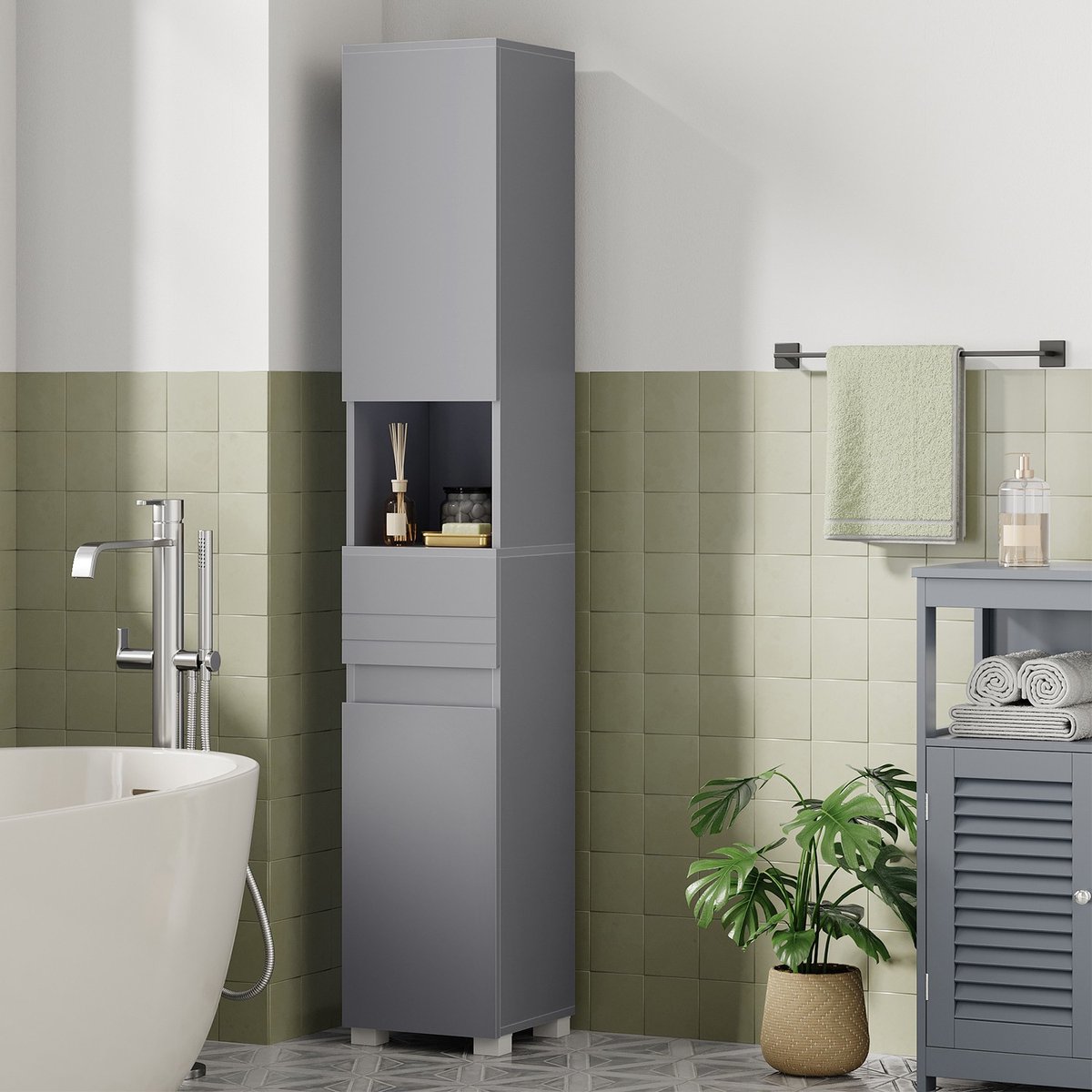 Hoge badkamerkast – Hout – Wit – Slanke opbergoplossing