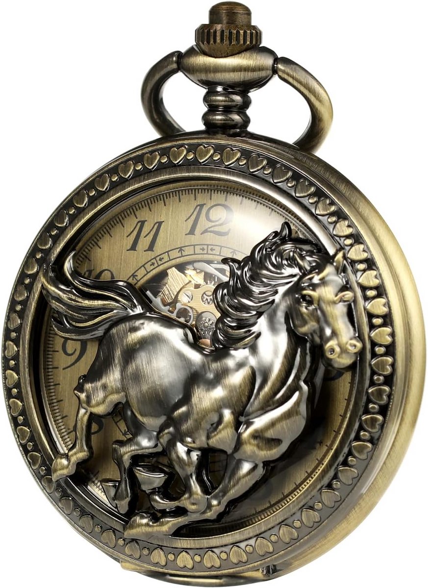 Mechanisch Zakhorloge Brons Kleur met Ketting voor Heren Dames - Skeleton Wijzerplaat Arabische Cijfers
