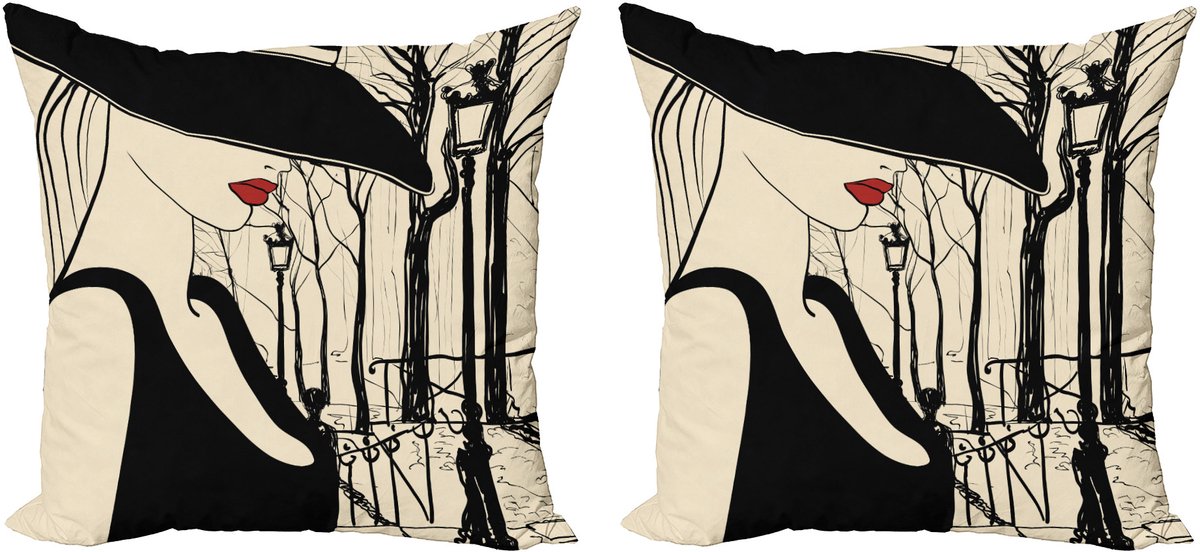 ABAKUHAUS Zwarte en beige kussensloopset (2 stuks), European Woman Montmartre, 50 cm, zwar