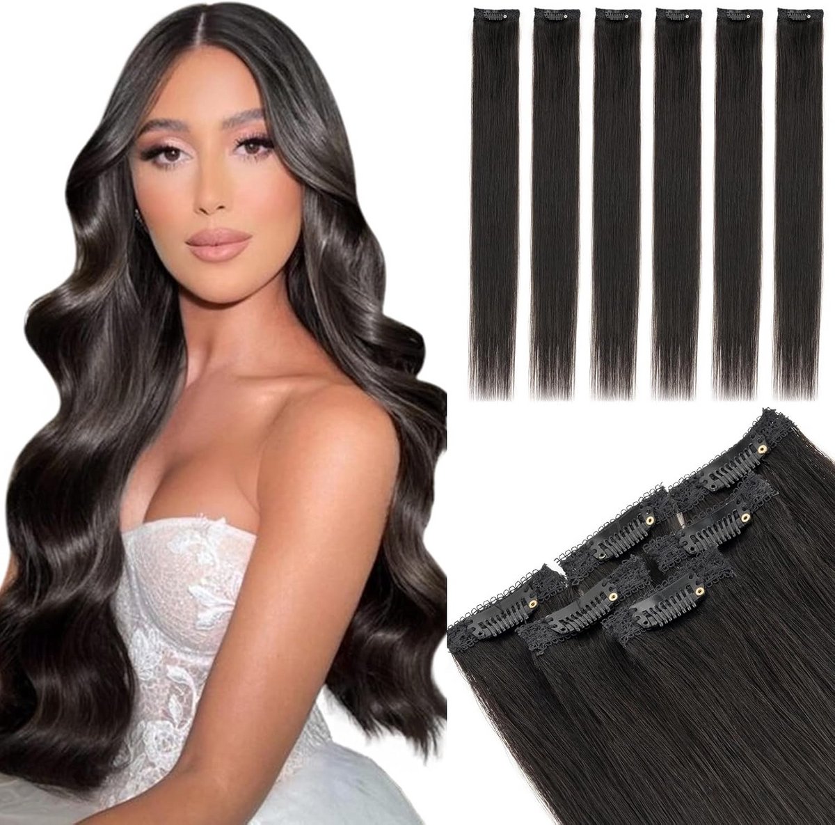 Clip-in Haarverlenging Echt Haar 6 Delen Natuurlijk Zwart 30 cm