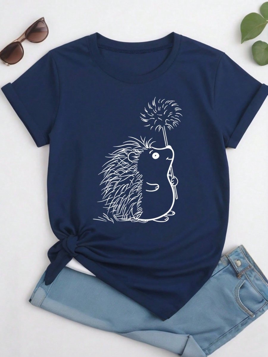 Modieuze Zwarte Dames T-shirt met Schattige Egel Print Creatief Casual Shirt met Korte Mouwen en Ronde Hals 2XL