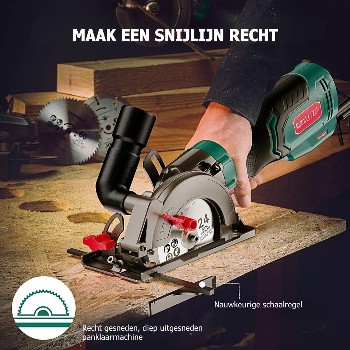 Zyrex® Cirkelzaag met geleiderail - Krachtige handcirkelzaag - Zaagbladen en geleiderail - Zwart/Groen - 13cm x 32cm x 42cm – foto 7