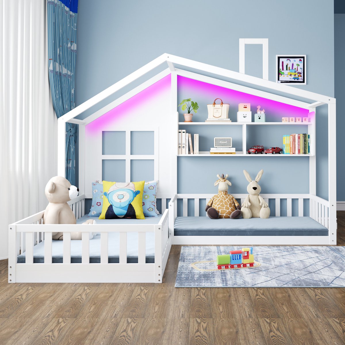 Merax Kinderbed 90x200 cm (140x70 cm) met raamframe - LED-verlichting - massief houten bedlade - wit - zonder matras