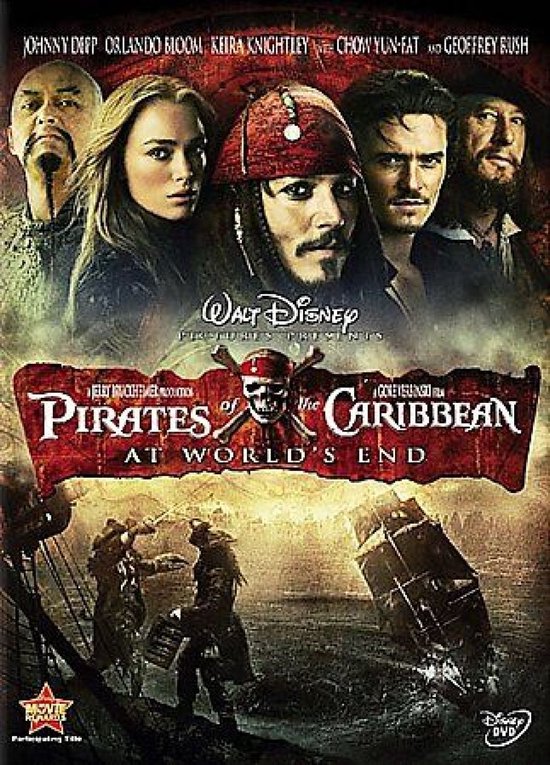 Hoes: Johnny Depp als Jack Sparrow, Orlando Bloom, Keira Knightley, Chow Yun-Fat en Geoffrey Rush op de voorkant van de "Pirates of the Caribbean: At World's End" DVD.