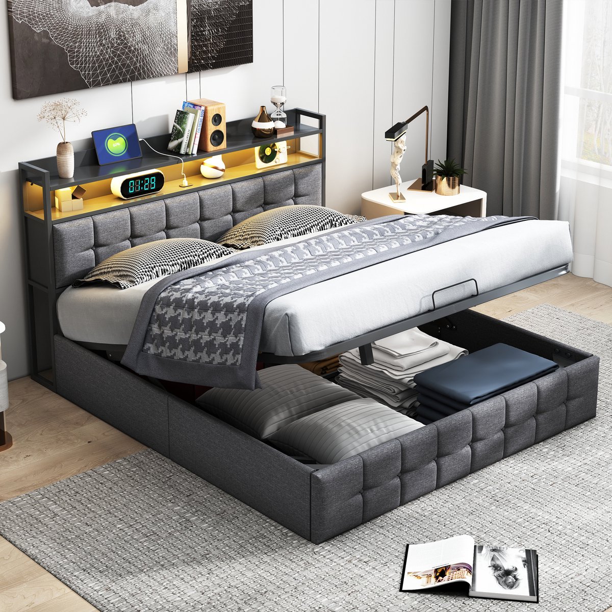 ROSAHQNDA Gestoffeerd bed 140 x 200 cm met LED-verlichting en USB-oplaadpoorten, hydraulisch tweepersoonsbed met opbergruimte, linnen stof, houten latten, grijs grijs-linnen