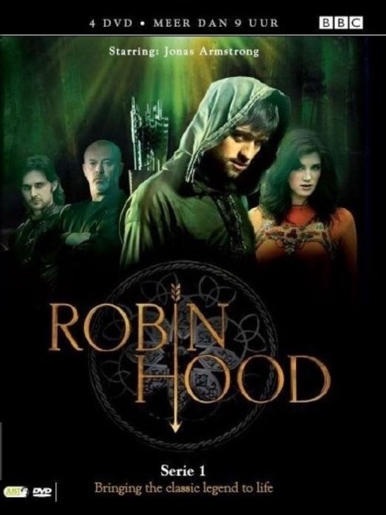 DVD hoes Robin Hood Serie 1 met Jonas Armstrong. Vier mensen in middeleeuwse kleding.