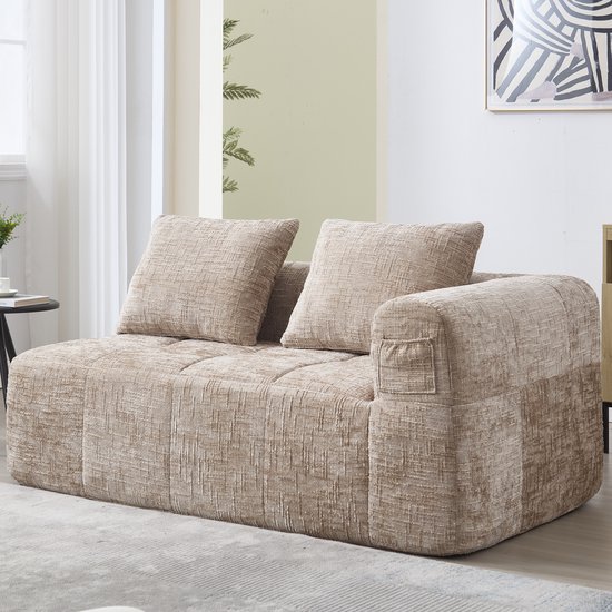 FloraGrace Zitbank 2 Zits Chaise Longue – Met Zijvakken En Kussen – Voor Woonkamer Of Leeshoek – Chenille – Khaki