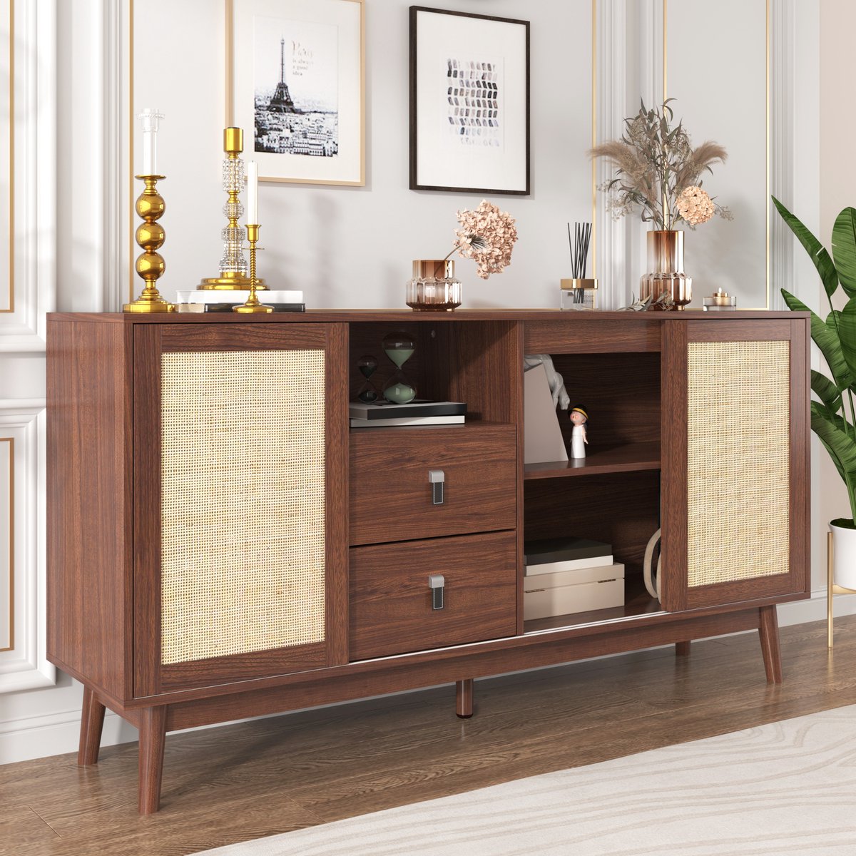 FloraGrace Dressoir - 3 Schuifdeuren Van Echt Rotan En 2 Lades - Grote Opbergruimte Voor Woonkamer En Hal - MDF Spaanplaat - 155x38x80 Cm Hout Donkerbruin