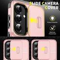 Roze telefoonhoes met schuifbare camerabescherming.