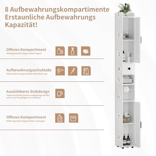 Witte hoge badkamerkast met 8 opbergcompartimenten, inclusief open vakken, een lade en een uitschuifbaar staafdesign.