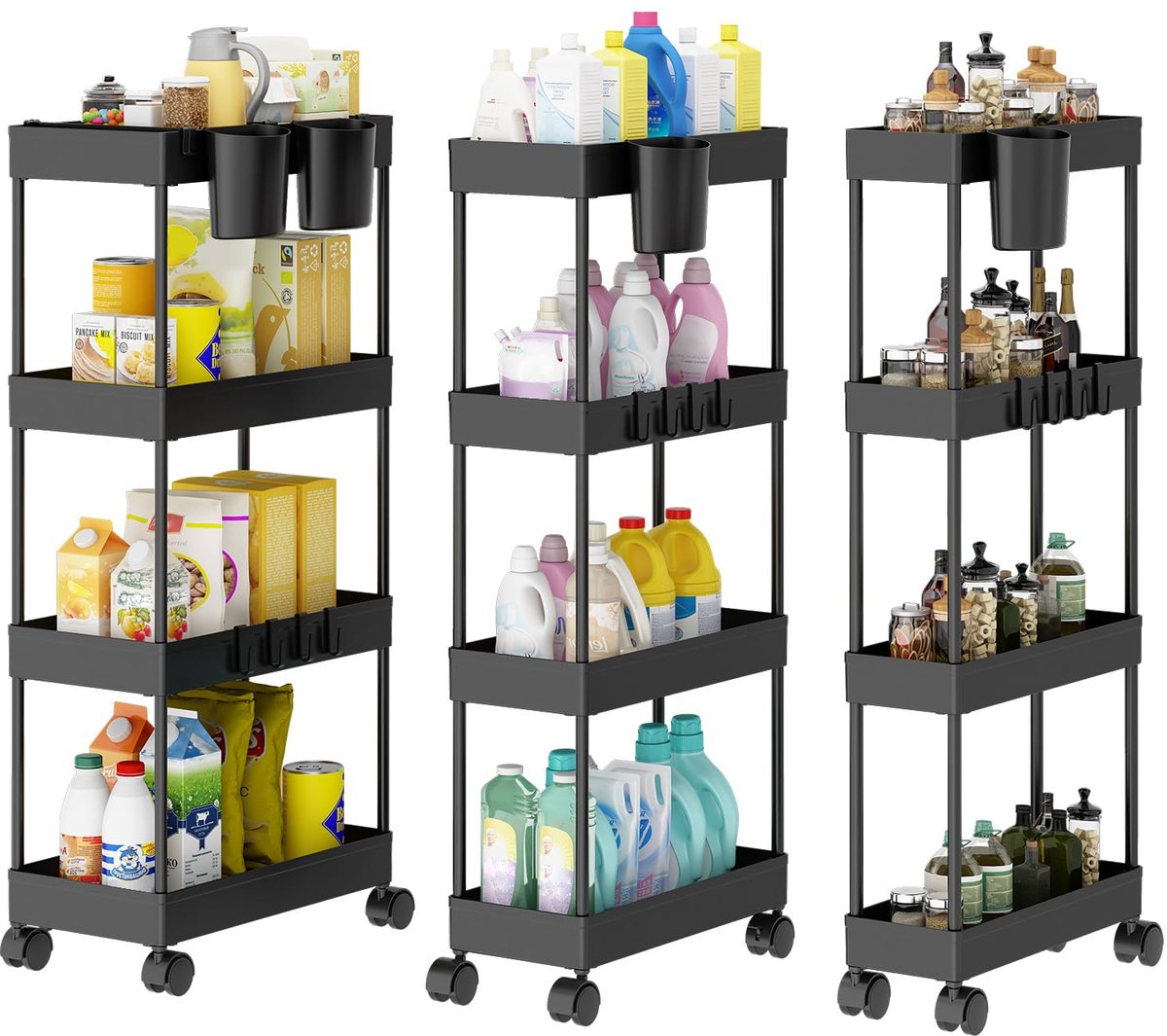 Ibenzoa® Set van 3 multifunctionele opbergwagens met 4 niveaus en wieltjes voor badkamer en keuken