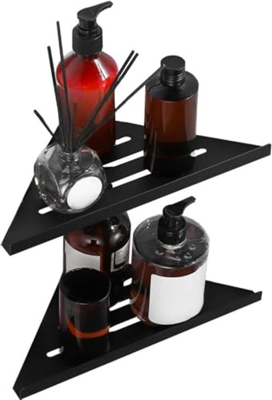 Étagères d'angle sans perçage, panier de douche mural pour le rangement dans la salle de bain et la cuisine - Étagères auto-adhésives en acier inoxydable (noir)