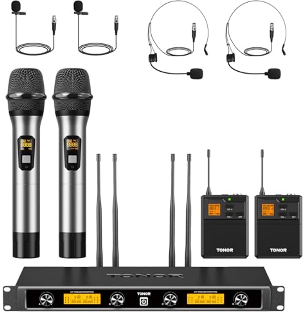 Draadloze UHF Microfoon Set met Handheld, Headset en Lavalier Mics - Ideaal voor Karaoke en Evenementen