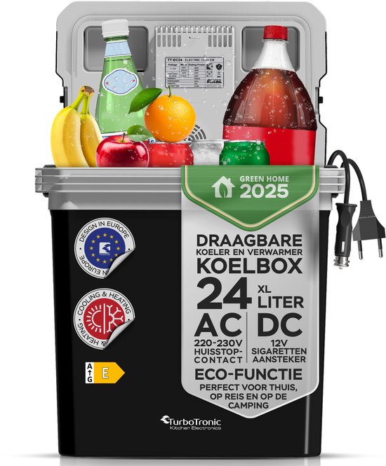 TurboTronic EC24 Elektrische Koelbox voor Auto en Camping – Koelbox Elektrisch met Verwarmingsfunctie - 12v 230 Volt – 24L - Zwart