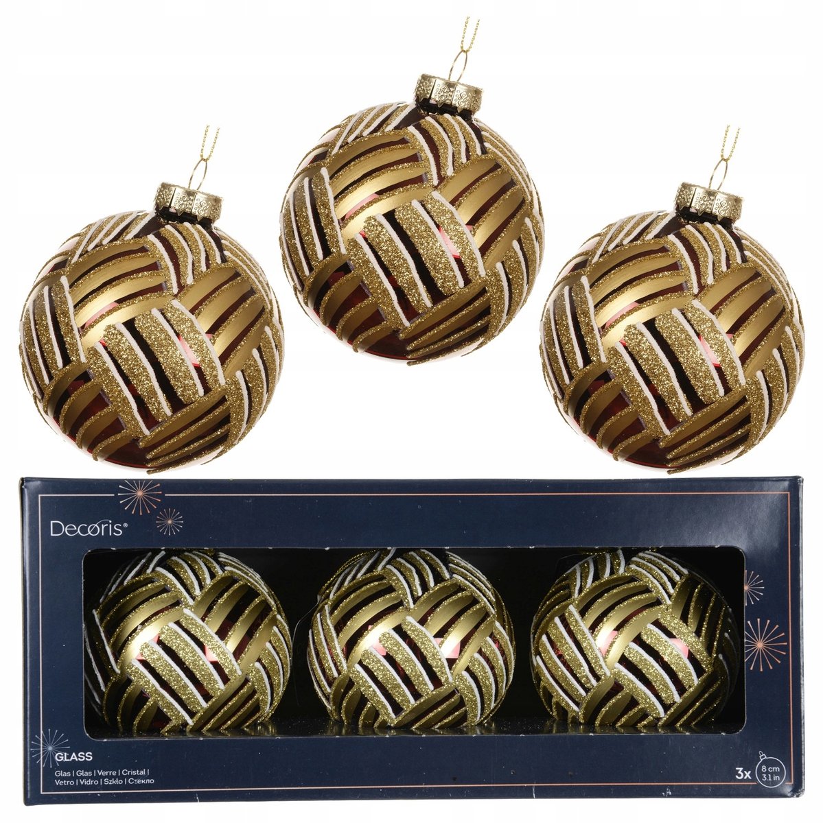 Glazen Kerstballen 8cm Goud met Glitter & Witte Lijnen - Set van 3