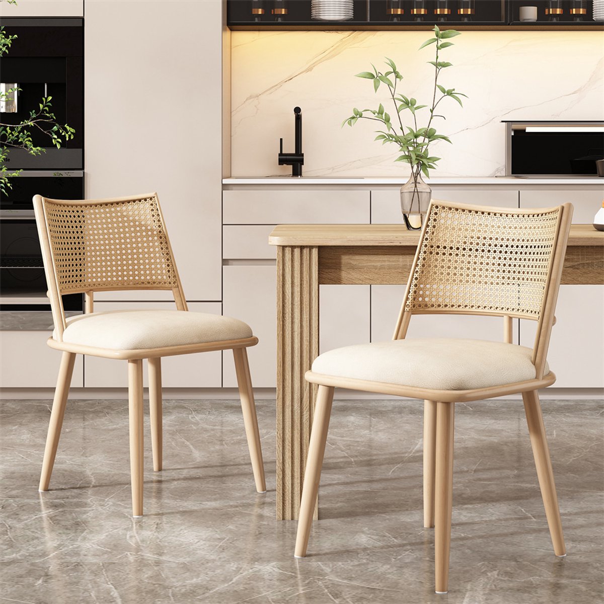YEHTOKHOME Eetkamerstoelen, set van 2, Keukenstoelen met PU-zitting en rotan geweven rugleuning, Retro natuurlijk, Gestoffeerde stoel voor eetkamer, woonkamer en slaapkamer, Beige