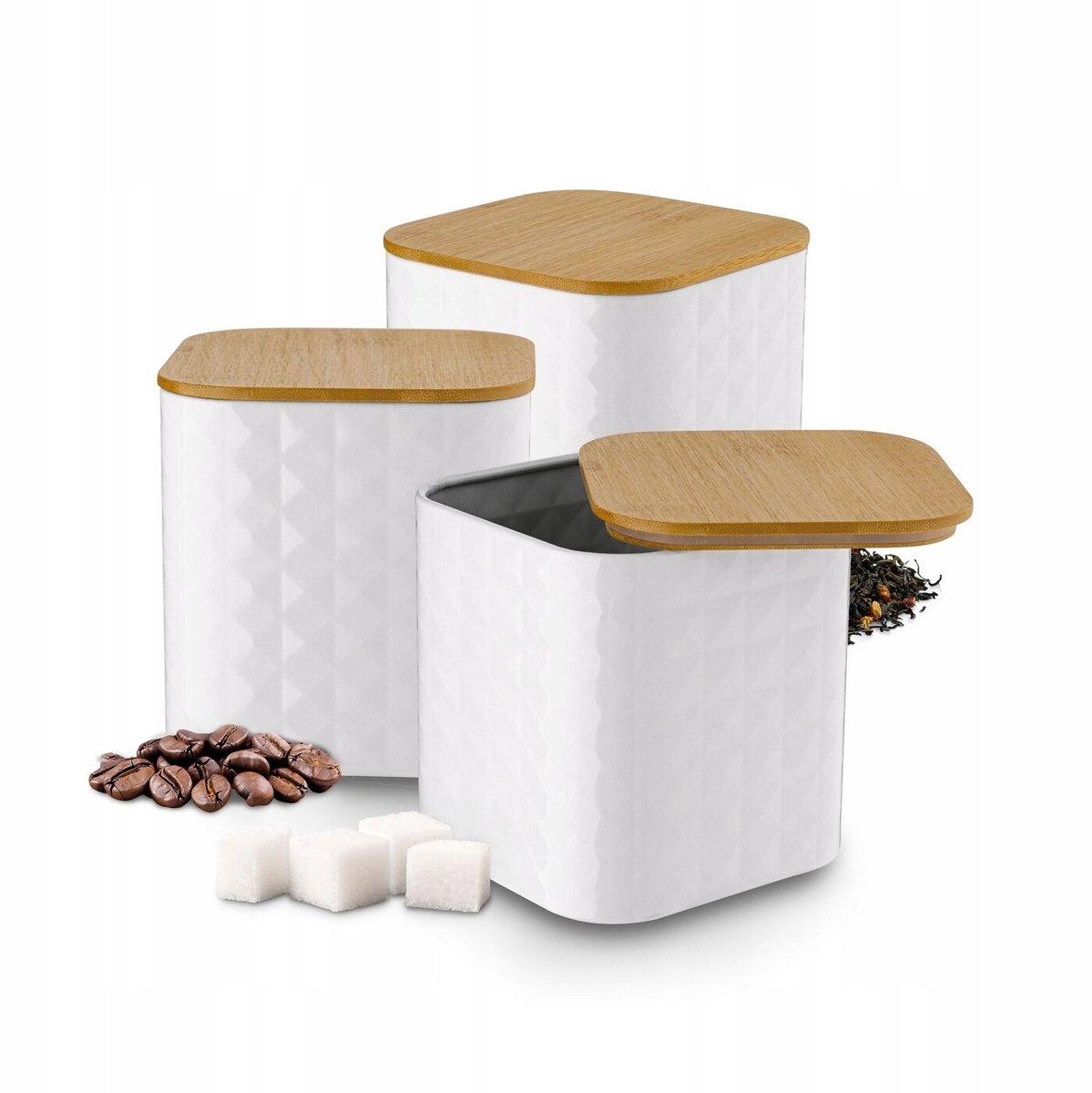 Tadar Geometric Set van 3 Witte Voorraadpotten met Bamboe Deksel