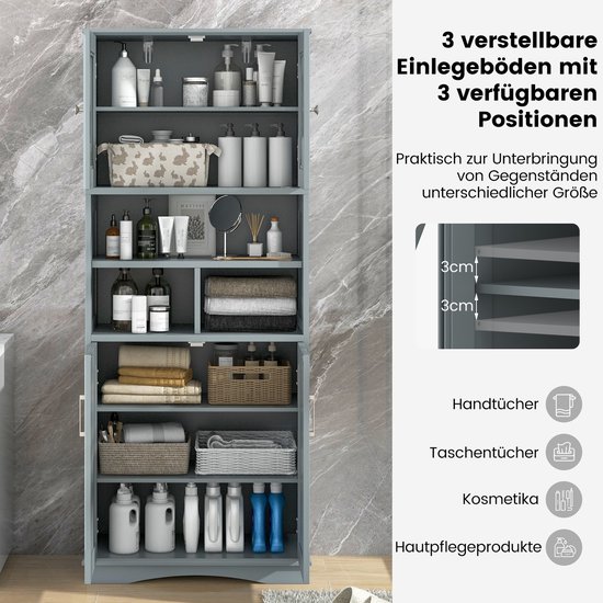 COSTWAY Badkamerkast, vrijstaande hoge kast met verstelbare planken, deuren en 3 vakken, badkamerkast met kantelbeveiliging voor badkamer, keuken, woonkamer, 60 x 30 x 145 cm (grijs)