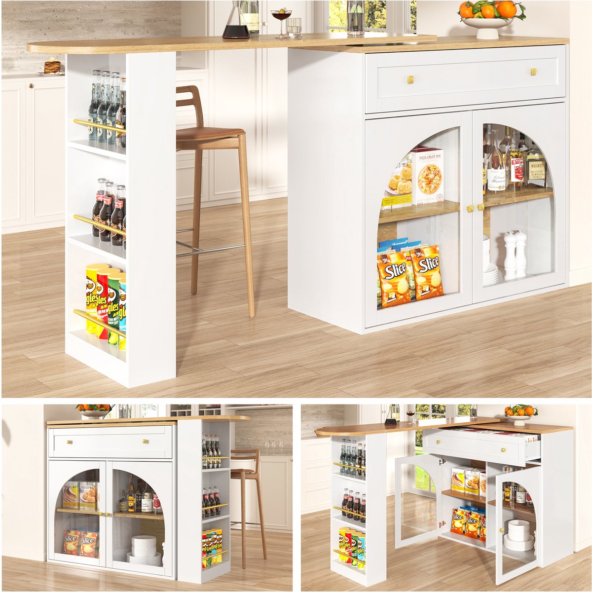 Uitschuifbare Bartafel (138-204x39x104 cm) - 360° Draaibare Witte Bar - Beweegbaar Keuken Eiland met Glas & Opbergplanken