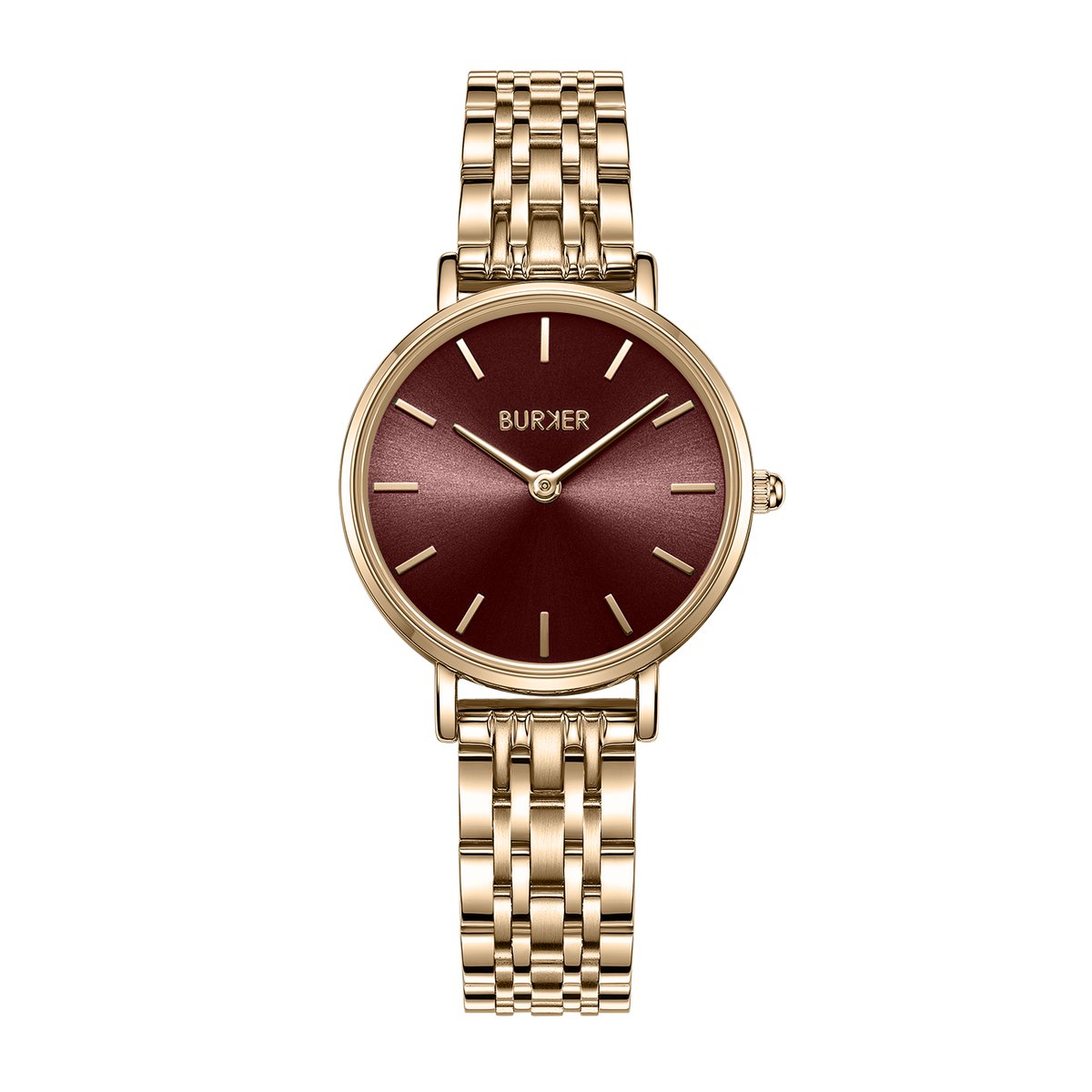 BURKER Ruby Petite Horloge Dames - Rond - Goud Burgundy - Schakelband - 28 mm