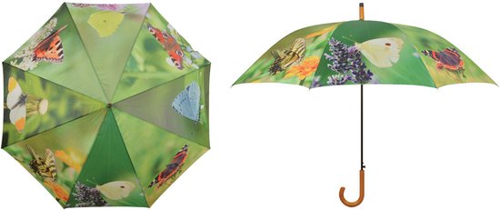 Deux parapluies verts avec différents imprimés de papillons, l'un ouvert et l'autre fermé.