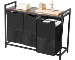 Wasmand van 3 Secties, met Metalen Frame en Houten Top, Grote Vrijstaande Mand met Uittrekbare 600D Oxford-Stoffenzakken voor Het Sorteren van Kleding, Ideaal voor Badkamer Of Wasruimte
