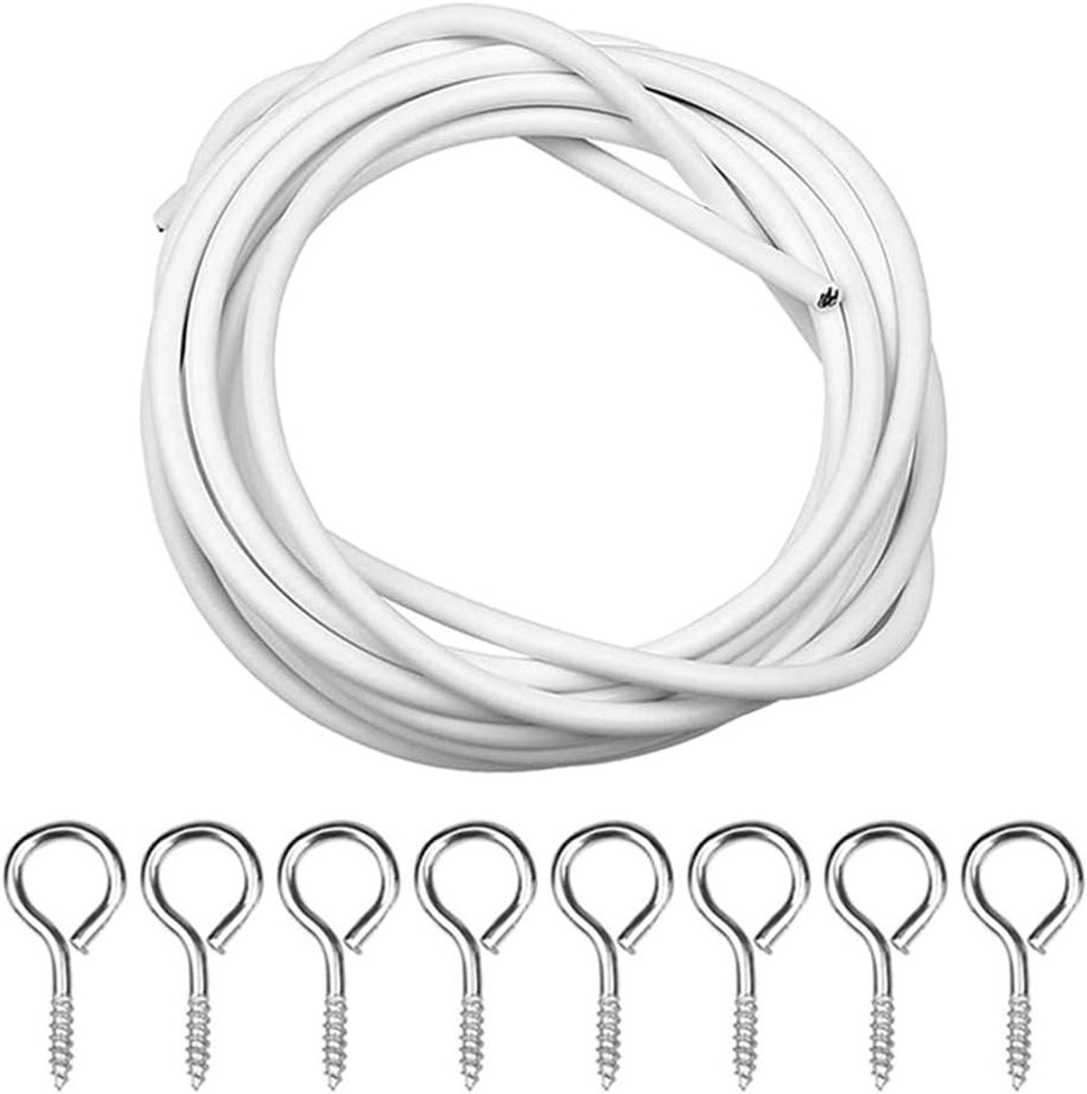 Allecto plus - Wit gordijndraad 2 meter met kunststof coating - Inclusief 4 haken en 4 oogjes - Voor gordijnroede en douchegordijn - Complete set