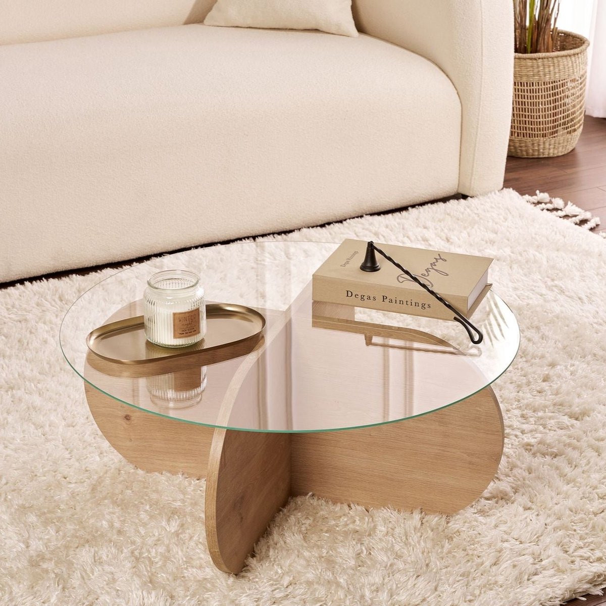 Skye Decor Ronde salontafel Aris eiken look melamine en transparant glas 75 cm Saffier Eikenhout & Transparant