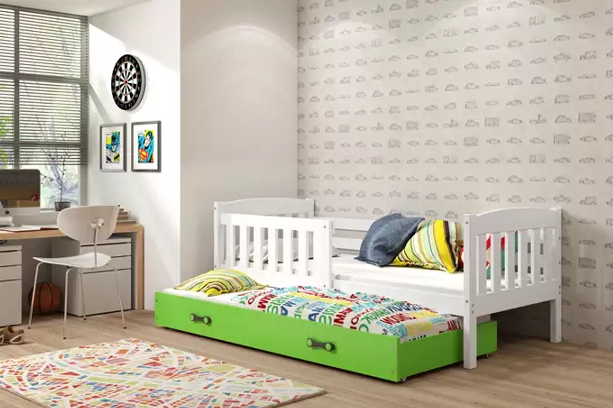 BMS Pull-out Kinderbed KUBUŚ - 80x160 - Wit/Groen - Inclusief Matras en Lade