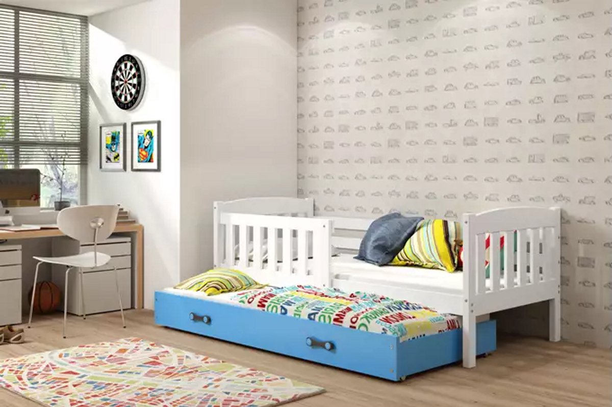 BMS - Extendable Children's Bed - 80x160 cm - Wit/Blauw - Met Matras en Lade