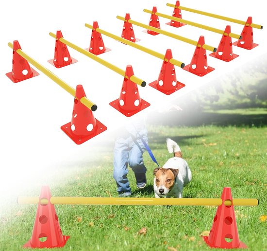 TRMLBE Set van 6 Set Agility Uitrustingsset Activity hindernissen voor kinderen om te springen, coördinatietraining, in hoogte verstelbaar met 12 kegels 6 hengels voor Kinderen Honden Paarden