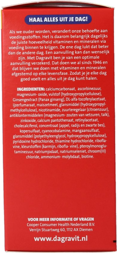 Verpakking met informatie: Dagravit Fit 50+ multivitaminen, met ingrediënten en contactinformatie.