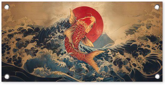 Tuinposter 60x30 cm - Tuindecoratie Koi - Zee - Golven - Zon - Poster voor in de tuin - Buiten decoratie - Schutting tuinschilderij - Tuindoek muurdecoratie - Wanddecoratie balkondoek