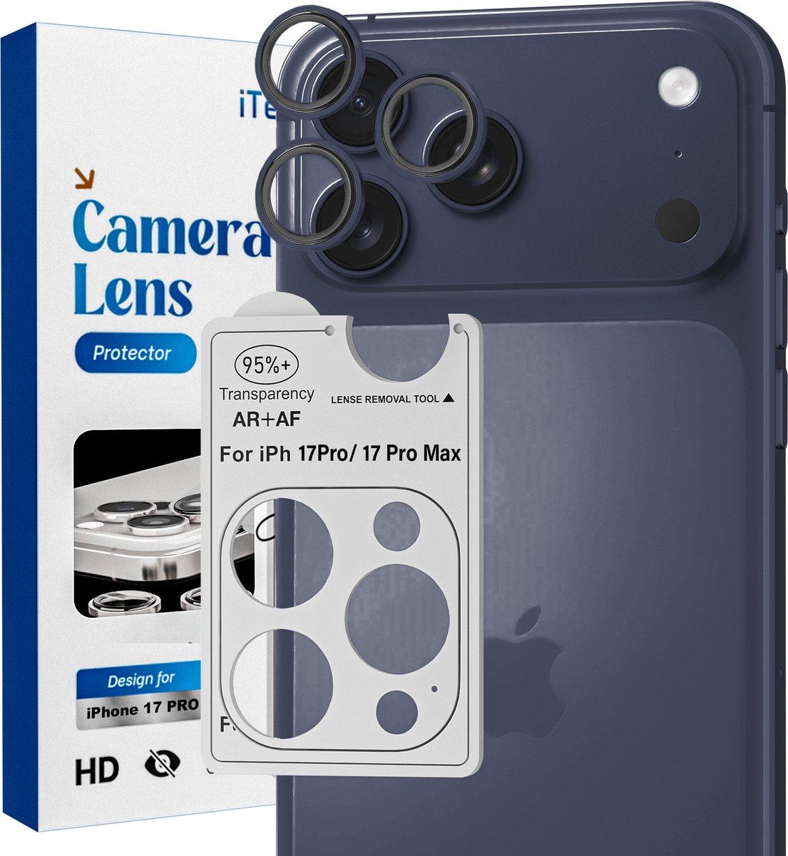 REOVO Camera Protector – Geschikt voor iPhone 17 Pro / 17 Pro Max - 0.05mm Slim Fit – Diep Blauw -Titanium Frame – Anti-Kras & Schokbestendig