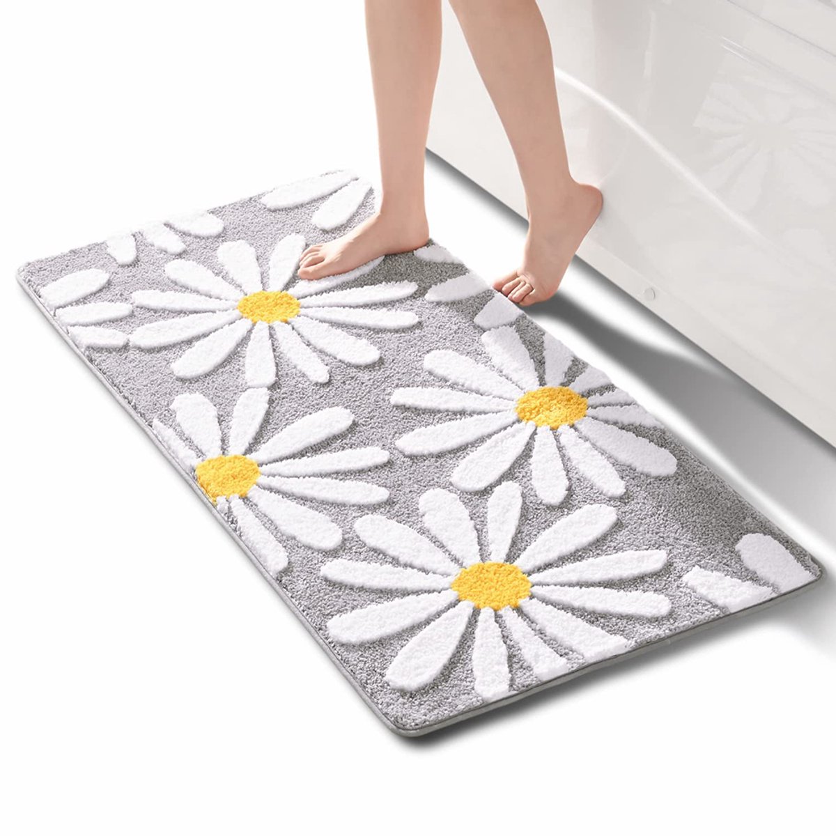1 stuks Douchemat 80x50 cm - Sneldrogende Badmat met Bloemenmotief - Anti-slip Douchemat voor Douche en Badkamer - Lichtgrijs met Gele Daisies