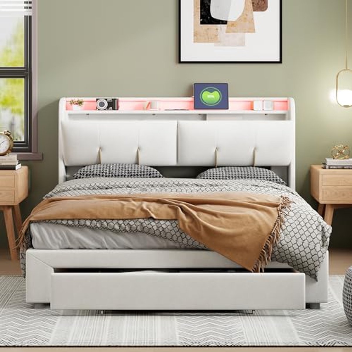 Tweepersoonsbed 160x200cm met Opberglade, USB en LED Verlichting