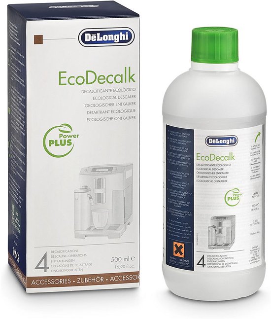 Pak en fles De'Longhi EcoDecalk ontkalker met afbeelding van koffiemachine.